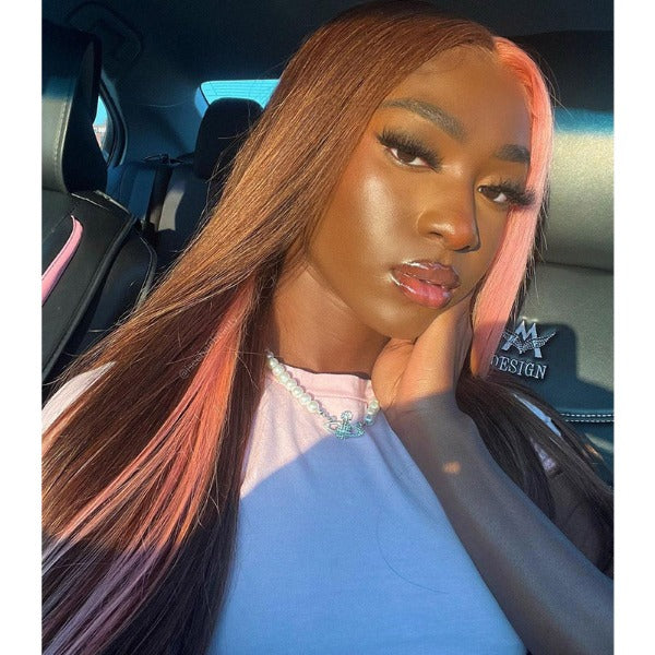 Straight Brown Hair With Light Pink Skunk Stripe Color Pre-plucked Natural Hairline 13x4 Lace Front Wig