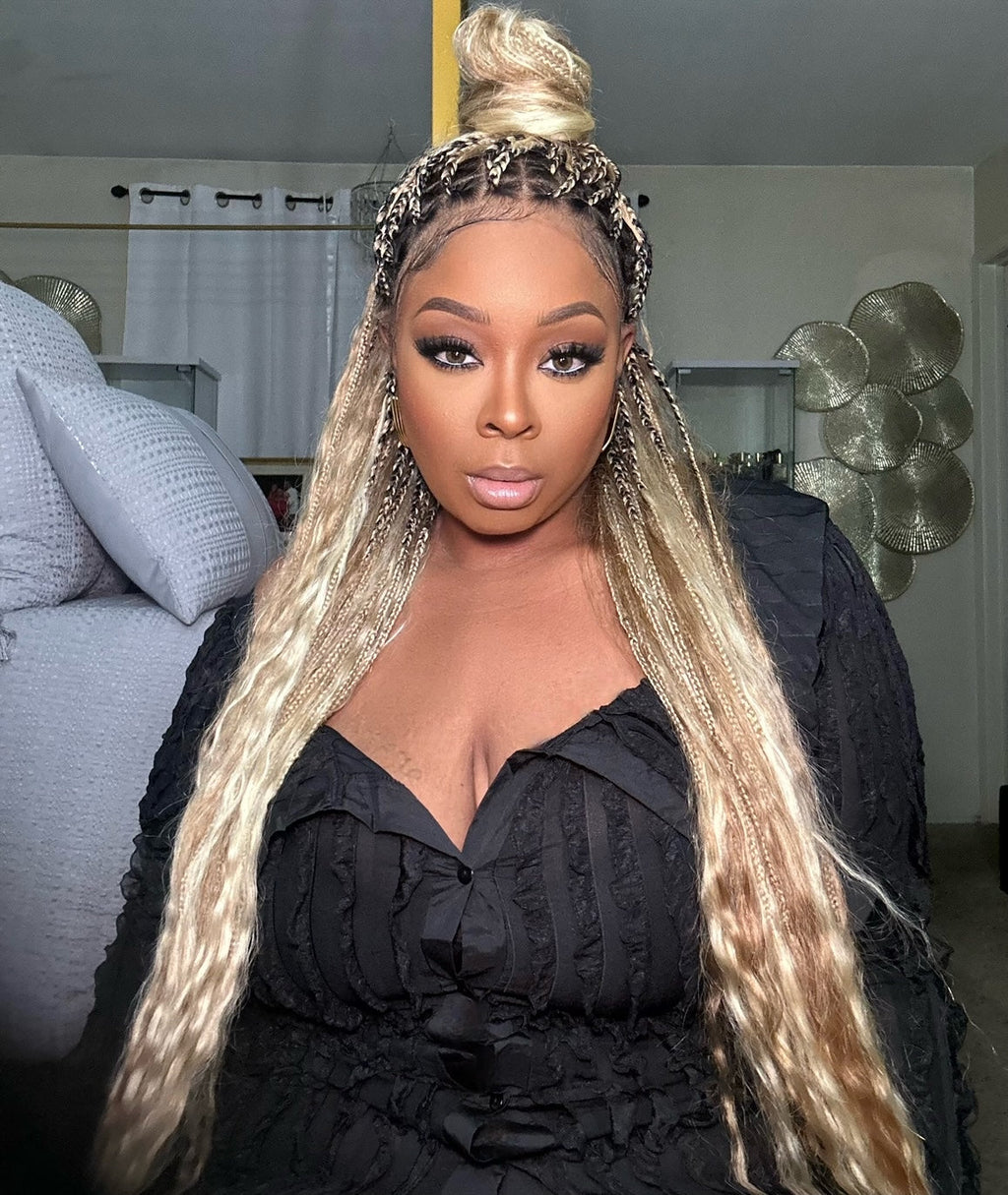 Human Hair Super Boho Color #27/613 Pre Bleached Human Hair Lace Knotless Boho Box Braided Wig Full-dense 100 Strands