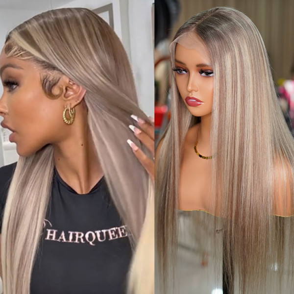 Straight Brown Wig With Blonde Highlight #4/613 Color 13x4 Lace Frontal Wigs Pre Plucked Natural Hairline