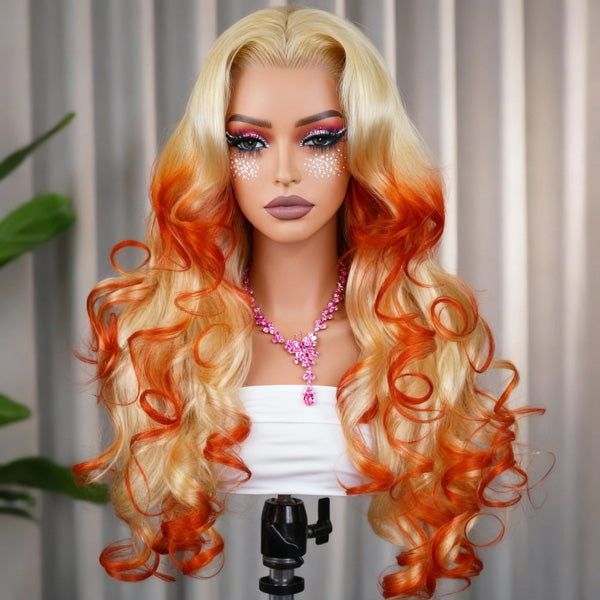 24h Ship Out | Butterfly Cut 613 Blonde & Orange Mixed Color Pre-Styled Layered Body Wave Glueless Wig Pre-cut 7x5 Lace Wear Go Wig