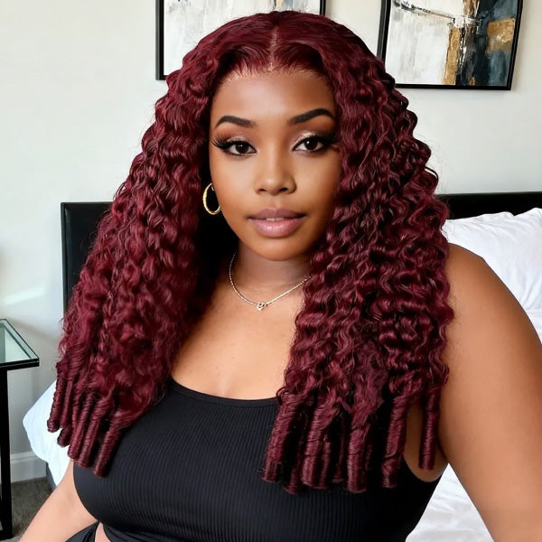 Glueless Chocolate Brown/99J Color Burmese Curly 9x6 Lace Wear Go Wig