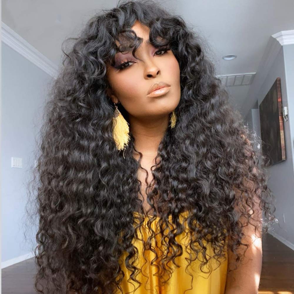 Low-Maintenance Water Wave Human Hair Wig with Bangs Heat-Friendly No Shedding