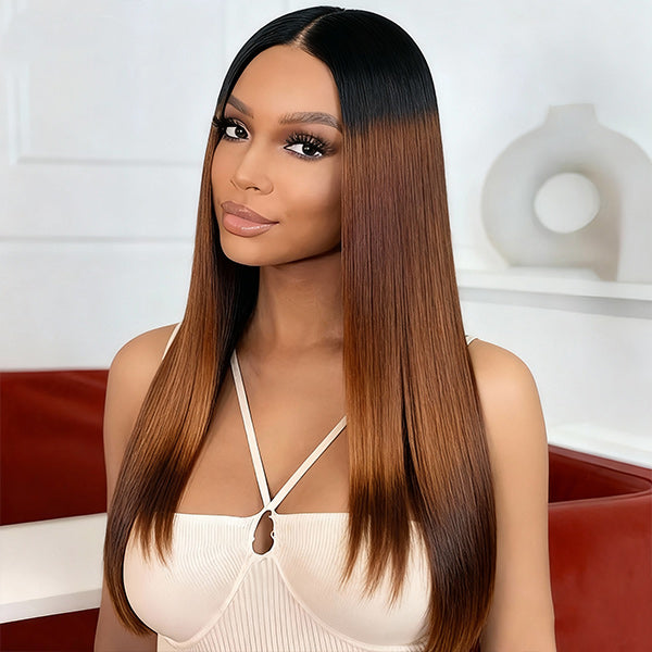 Yaki Straight Layered Cut Black to Chestnut Brown Ombre 7x5 Pre-Cut Lace Wear Go Glueless Wigs