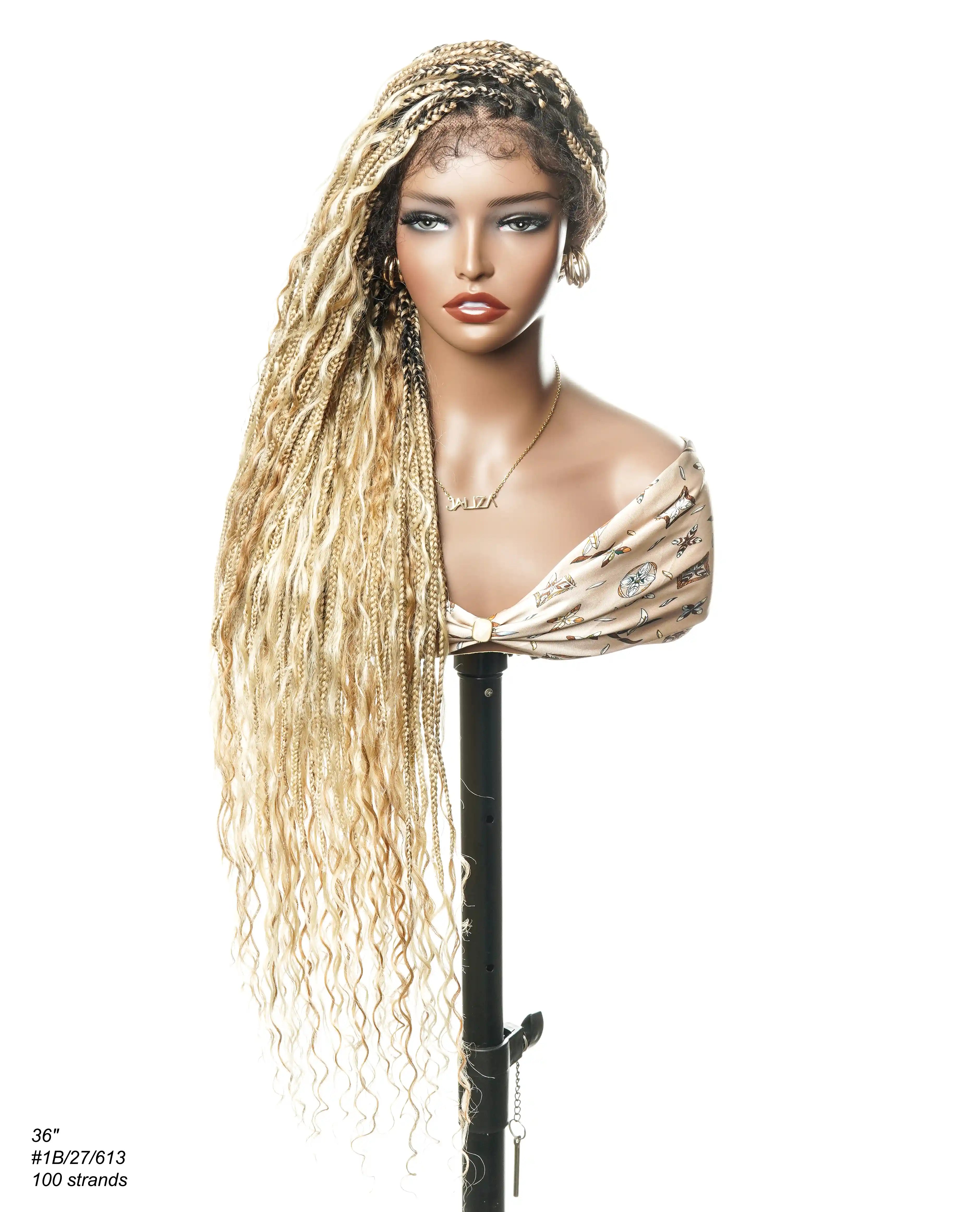 36" Human Hair Boho Curls HD Lace Knotless Box Braided Wig Full Hand-tied - Human Baby Hair