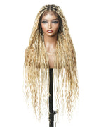 36" Human Hair Boho Curls HD Lace Knotless Box Braided Wig Full Hand-tied - Human Baby Hair