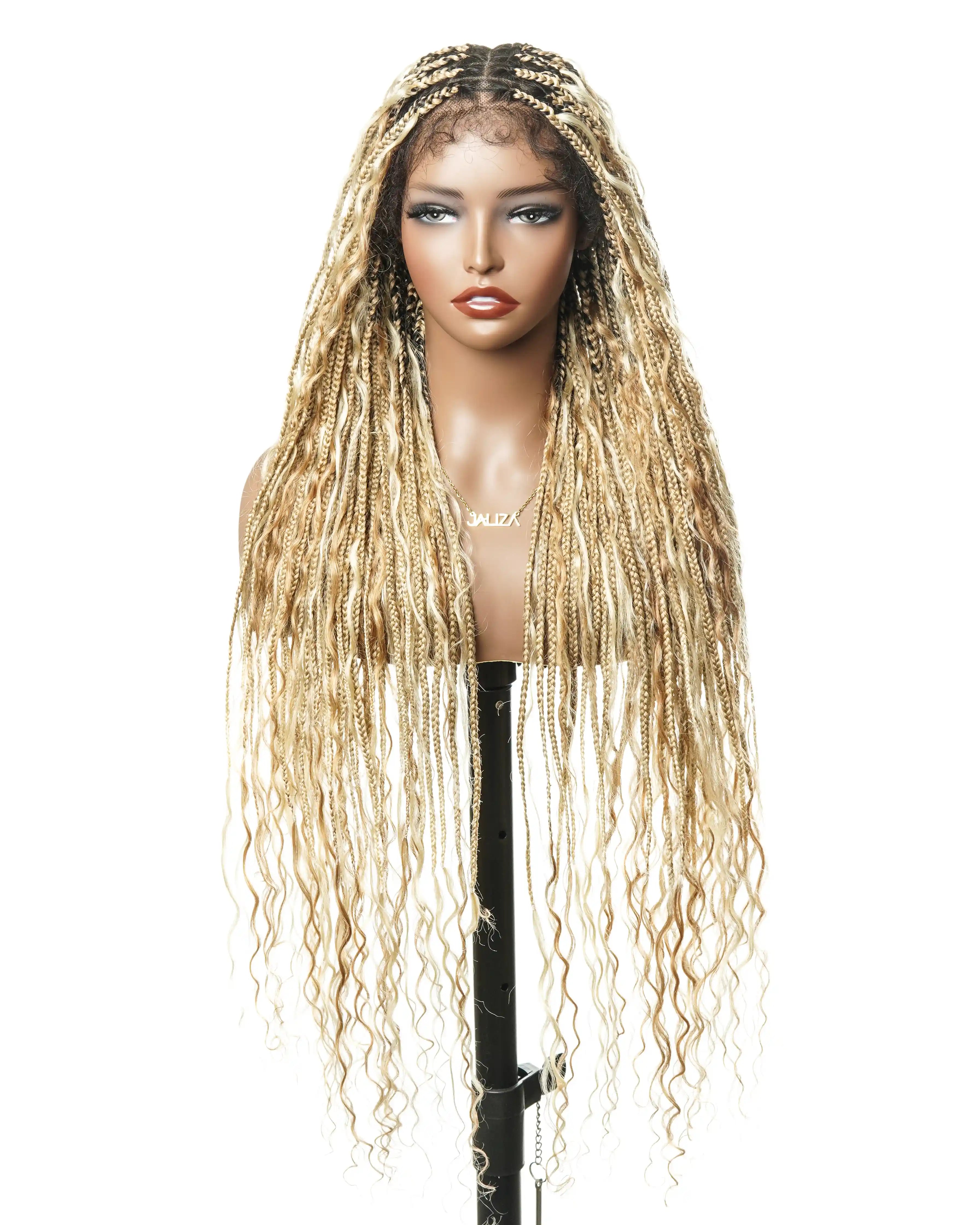 36" Human Hair Boho Curls HD Lace Knotless Box Braided Wig Full Hand-tied - Human Baby Hair
