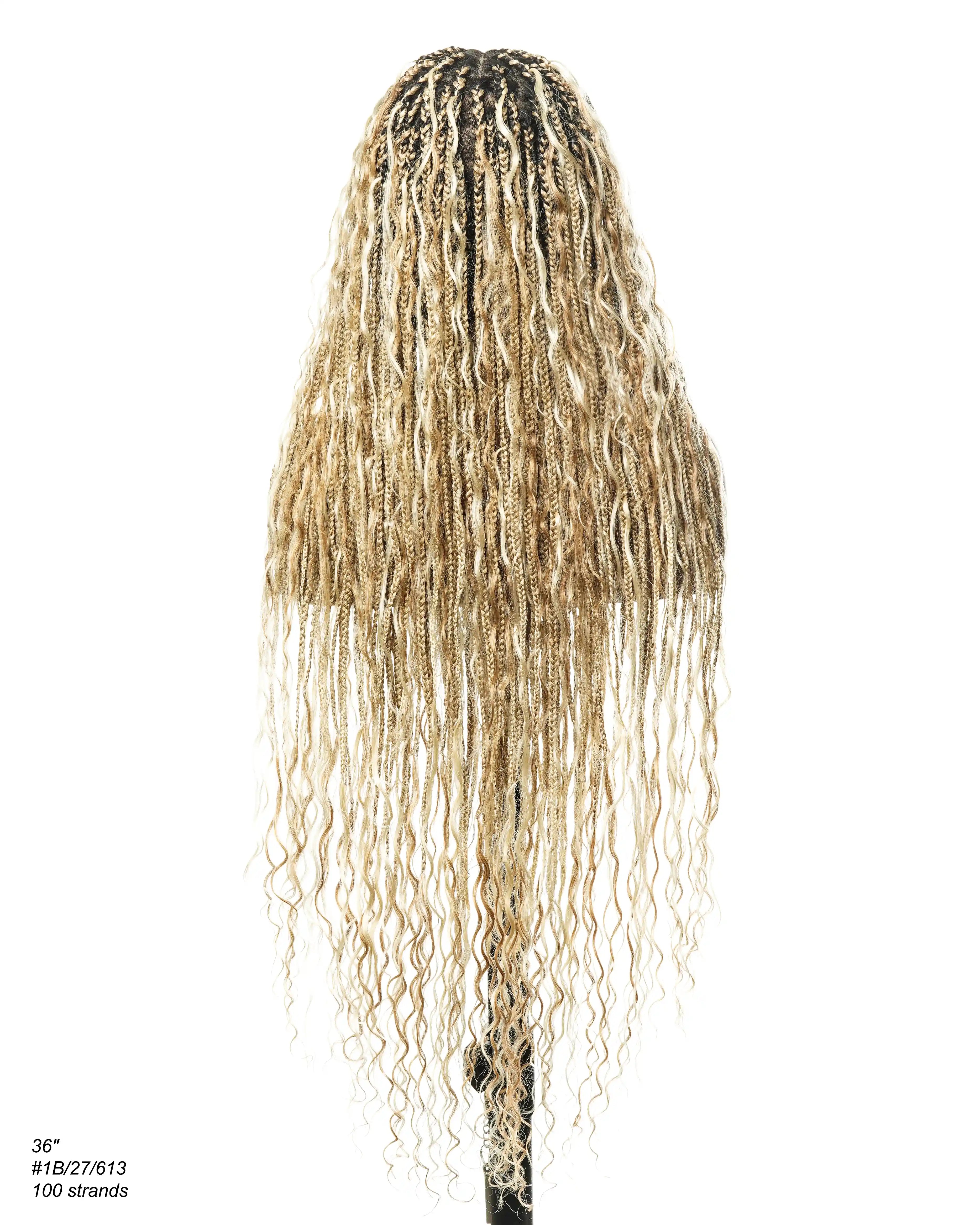 36" Human Hair Boho Curls HD Lace Knotless Box Braided Wig Full Hand-tied - Human Baby Hair