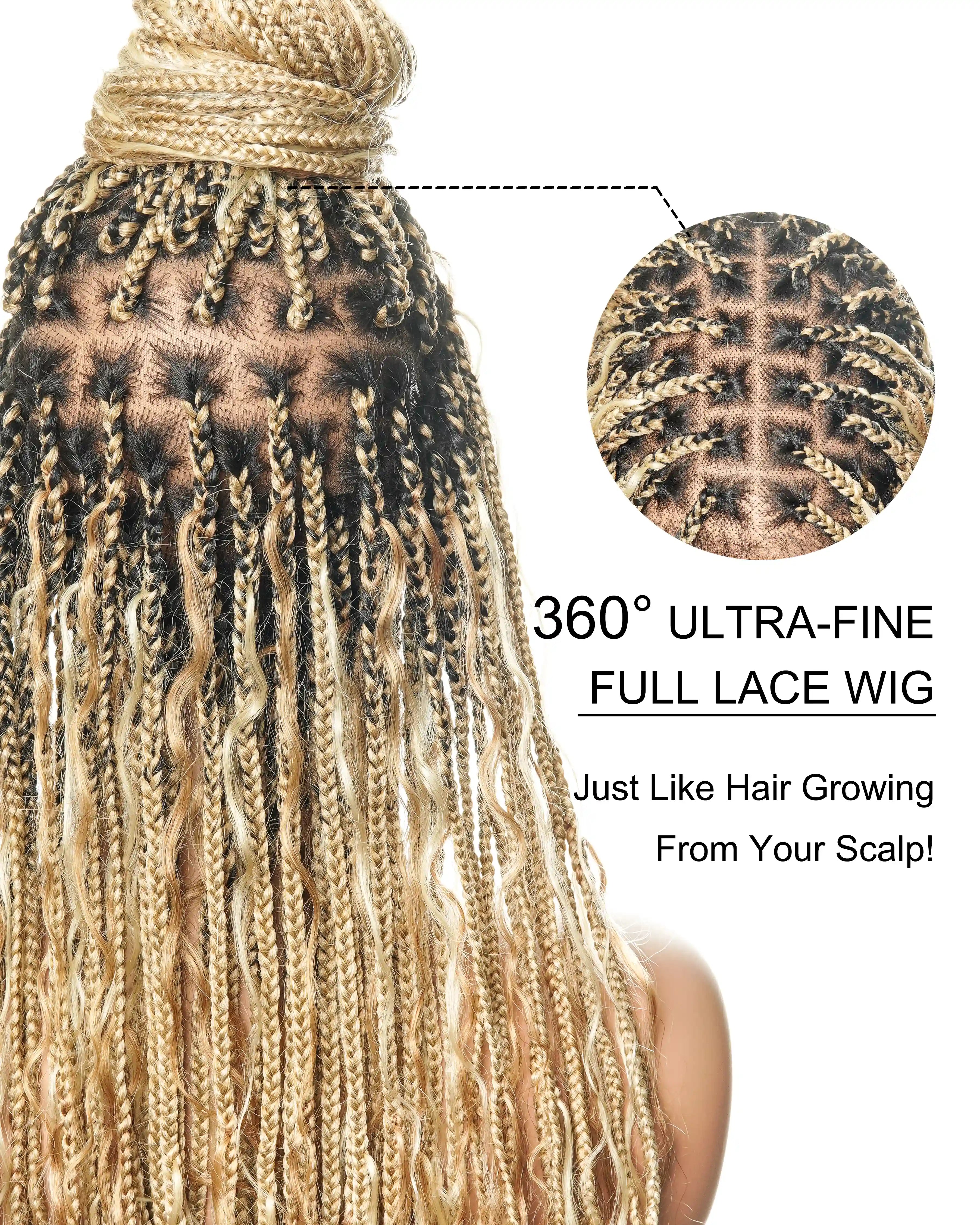 36" Human Hair Boho Curls HD Lace Knotless Box Braided Wig Full Hand-tied - Human Baby Hair