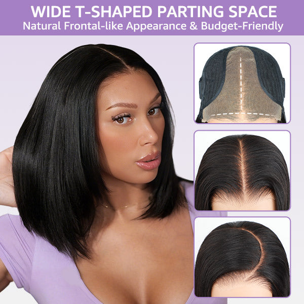 Yaki Straight Layered Bob Bleached Knots Wear Go Glueless Wig Pre-Cut 9x6 T Part Lace With Drawstring Cap