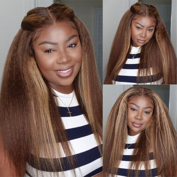 Kinky Straight Highlight Brown Color Wear Go Glueless Wigs Pre-Cut 7x5 Lace Preplucked Human Hair Wigs