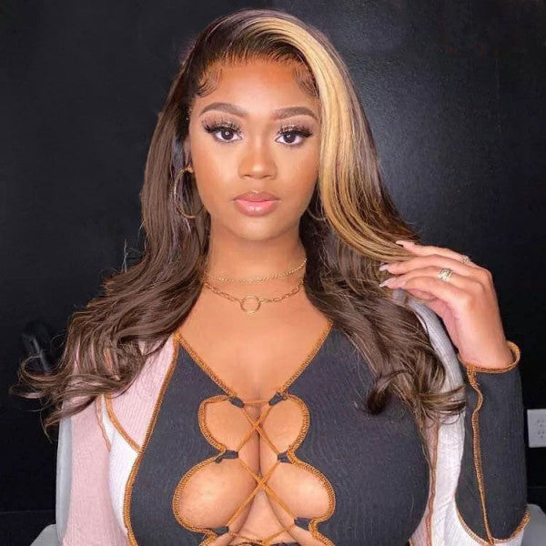 Honey Blonde and Brown Streaks Highlight Wigs Straight 13x4 Lace Front Wig Preplucked with Baby Hair