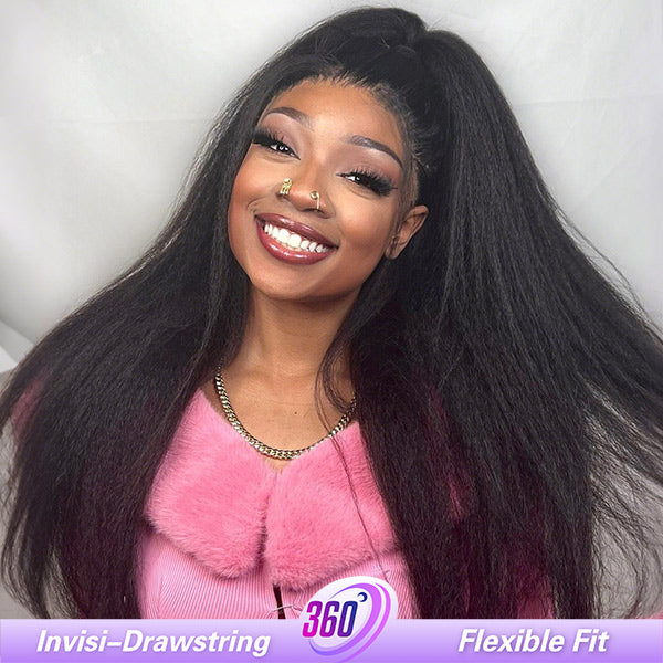Yaki Straight Invisi-Drawstring Flexible Fit 360 Glueless Wig Pre-Cut Lace Pre Bleached Knots