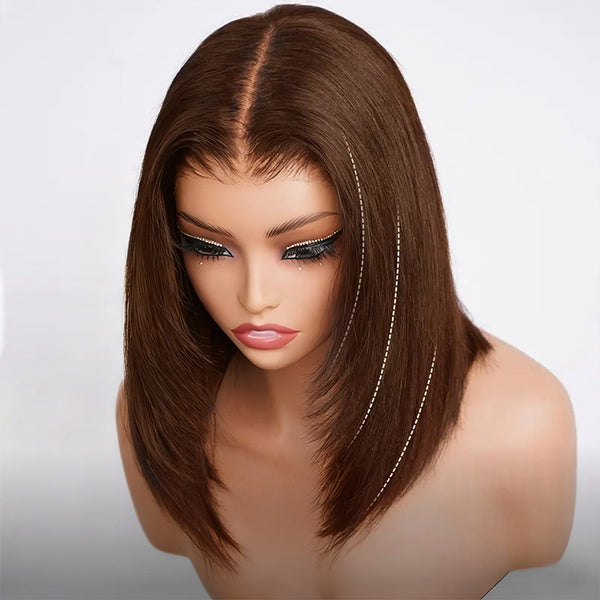Chocolate Brown Color Glueless Layered Cut Yaki Straight Pre-Cut 7x5 Wear Go Wig With Drawstring Cap