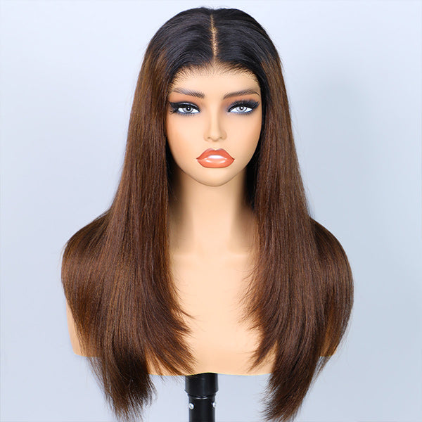 Yaki Straight Layered Cut Black to Chestnut Brown Ombre 7x5 Pre-Cut Lace Wear Go Glueless Wigs