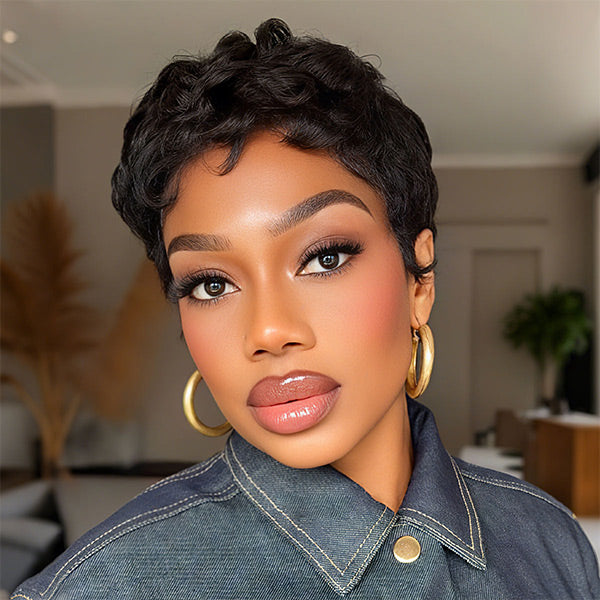 24h Ship Out | Pixie Wig Pre-styled Human Hair Machine Made Short Curly Wigs Beginner Friendly