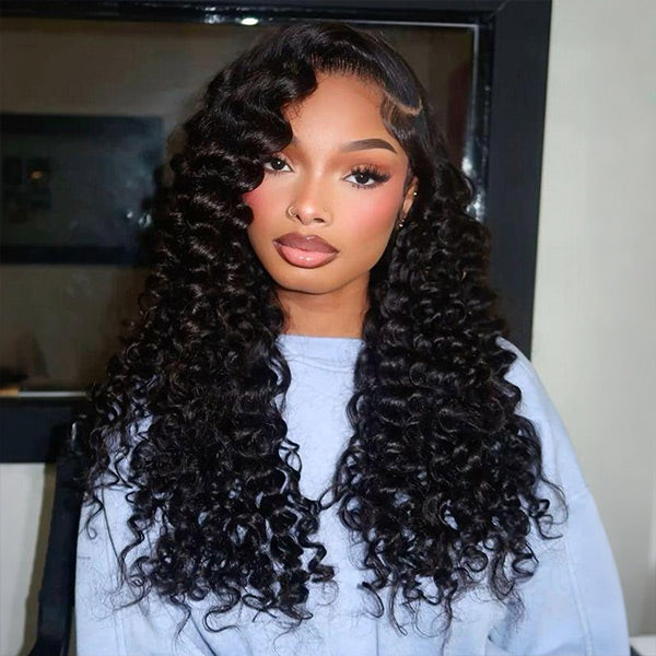 Loose Curly Snug Fit Elastic Drawstring Wear Go Glueless Wig Pre-cut 9x6 HD Lace Bleached Knots