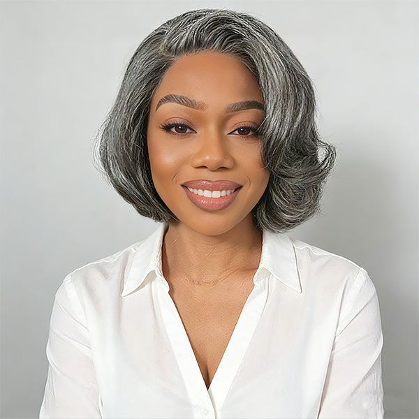 Salt And Pepper Layered Bob Wear Go Glueless Wig Pre-Cut C-Shaped 7x5 Lace Flexible Fit Drawstring