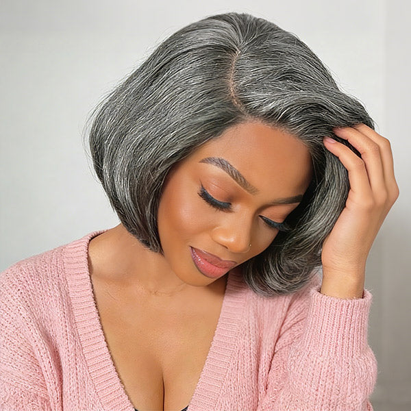 Salt And Pepper Layered Bob Wear Go Glueless Wig Pre-Cut C-Shaped 7x5 Lace Flexible Fit Drawstring