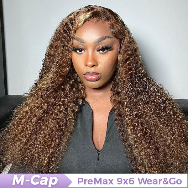 M-cap Kinky Curly 4/27 Highlight Pre Cut 9x6 Lace Wear Go Glueless Wigs Invisible Knots Human Hair Wig