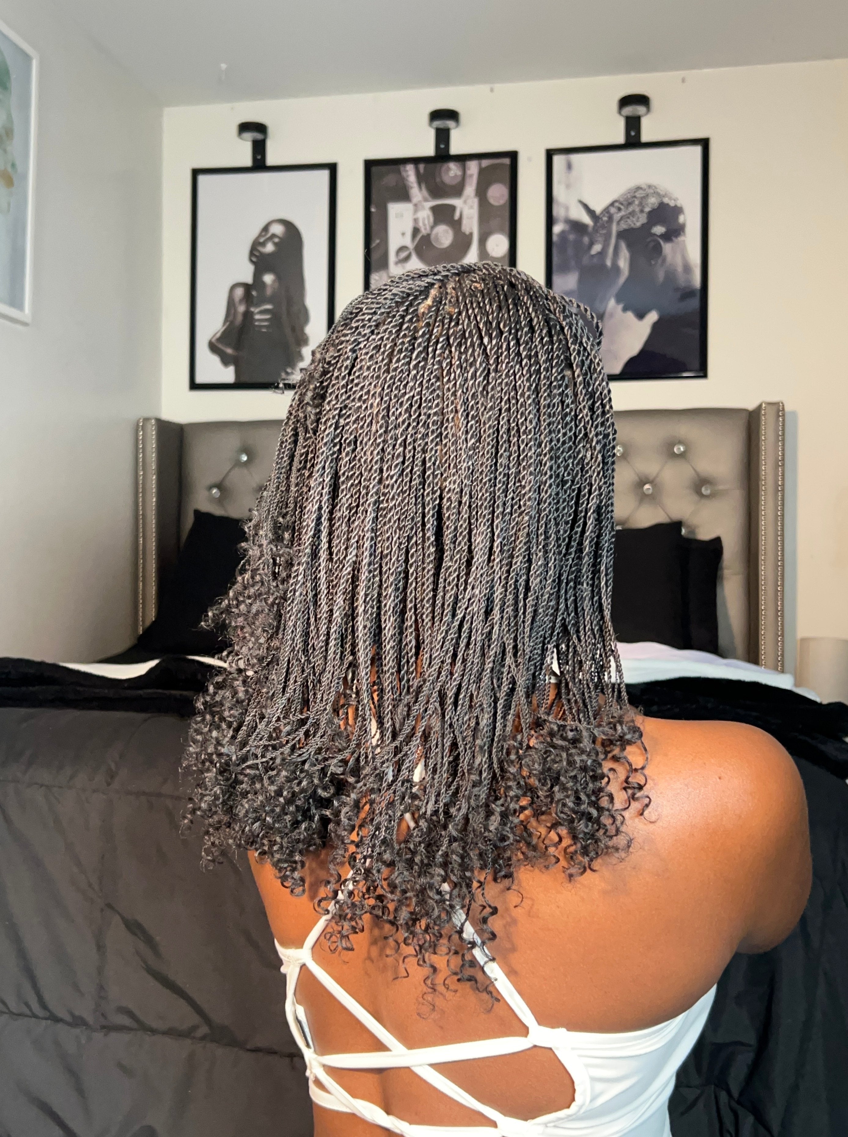 Tina - Senegalese Mini Twist Braided Wig 14" Full Hand-tied HD Lace With Curly Ends - Human Baby Hair