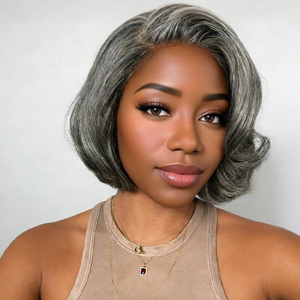 Salt And Pepper Layered Bob Wear Go Glueless Wig Pre-Cut C-Shaped 7x5 Lace Flexible Fit Drawstring