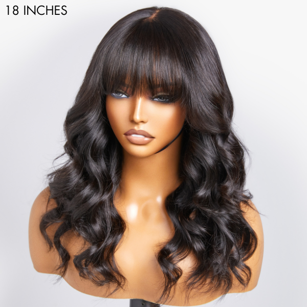 Loose Wave 5x5 Closure Lace Glueless Human Hair Long Wig with Cute Bangs