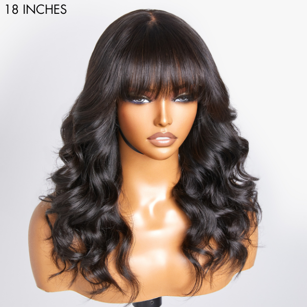 Loose Wave 5x5 Closure Lace Glueless Human Hair Long Wig with Cute Bangs