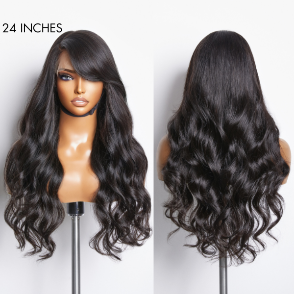 Graceful Natural Black Body Wave with Bangs 5x5 Closure Lace Glueless C Part Long Wig