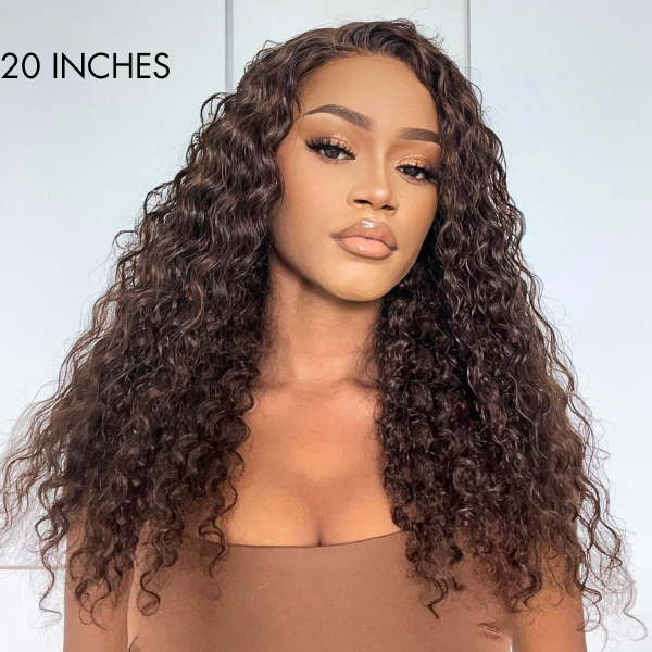 Brown Water Wave 5x5 Closure Lace Glueless Mid Part Long Wig 100% Human Hair