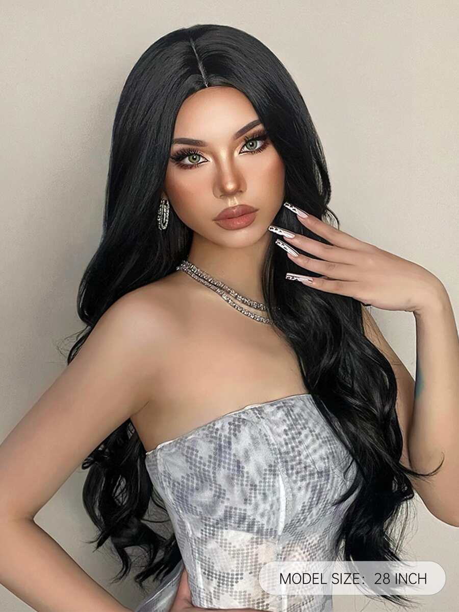 28 Inch Long Black Wigs For Women Middle Part Synthetic Wigs Natural Curly Hair For Daily Use Graceful Charming Wigs