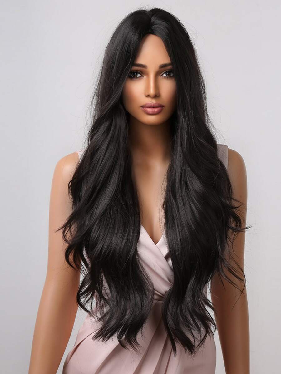 28 Inch Long Black Wigs For Women Middle Part Synthetic Wigs Natural Curly Hair For Daily Use Graceful Charming Wigs