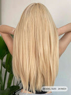 Ash Blonde Ombre Glueless Wigs Silky Straight With Drawstring Human Hair Wig