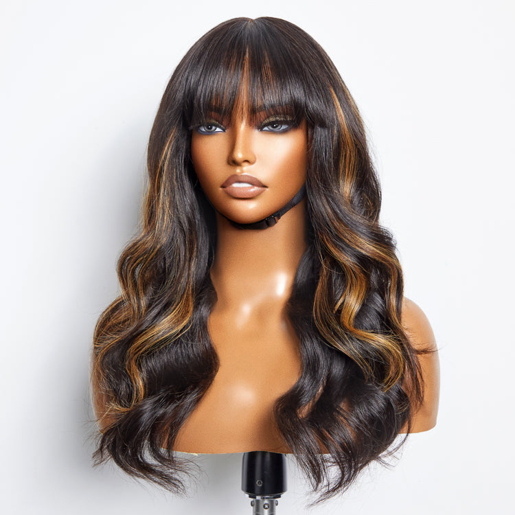 Loose Wave 5x5 Closure Lace Glueless Human Hair Long Wig with Cute Bangs