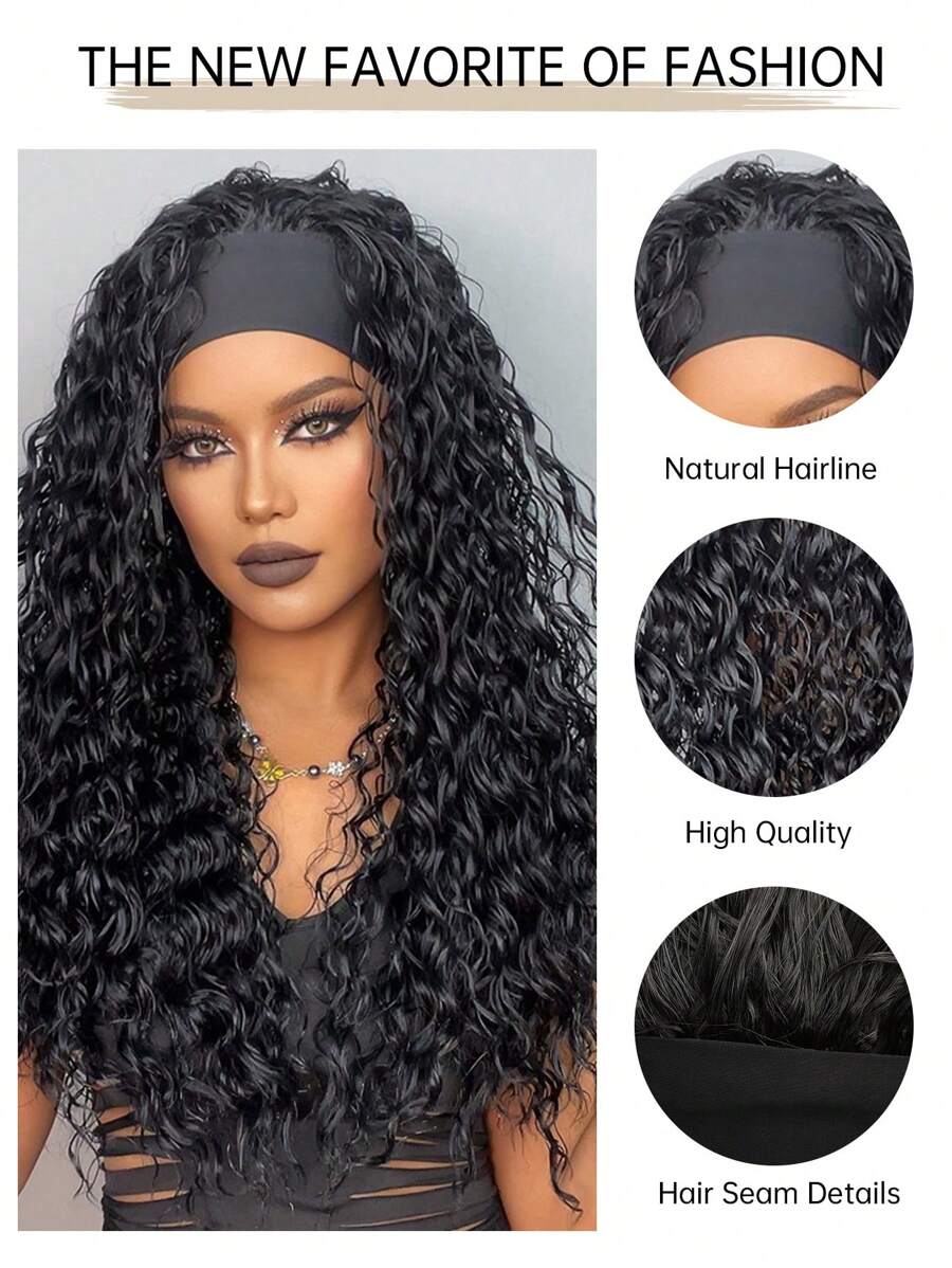 26 "Curly Hair Band Female Wig Wavy Black Wig With Headband Synthetic Woven Chemical Fiber Long Curly Hair Wig For Everyday Use And Halloween, Cosplay, Christmas, Fashion Girls.