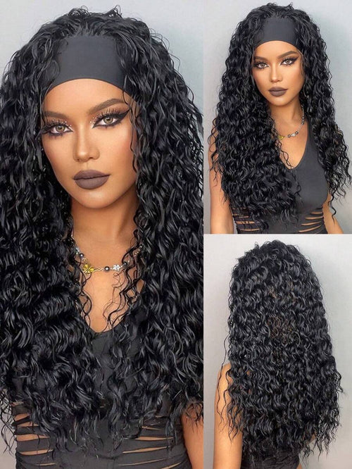 26 "Curly Hair Band Female Wig Wavy Black Wig With Headband Synthetic Woven Chemical Fiber Long Curly Hair Wig For Everyday Use And Halloween, Cosplay, Christmas, Fashion Girls.