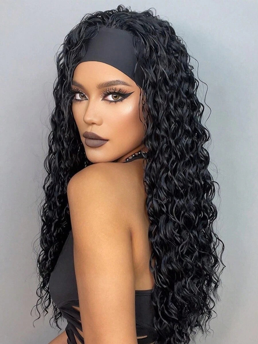 26 "Curly Hair Band Female Wig Wavy Black Wig With Headband Synthetic Woven Chemical Fiber Long Curly Hair Wig For Everyday Use And Halloween, Cosplay, Christmas, Fashion Girls.