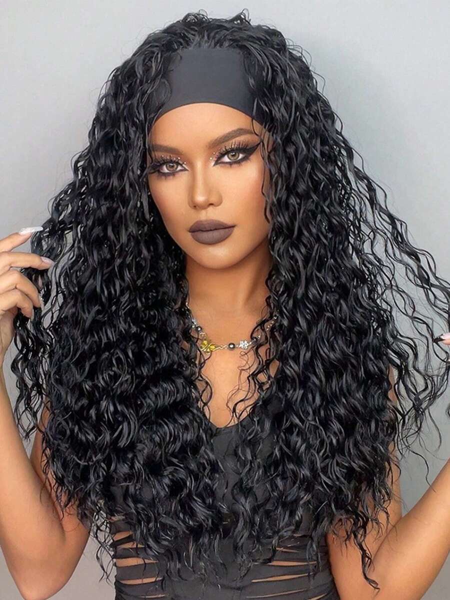 26 "Curly Hair Band Female Wig Wavy Black Wig With Headband Synthetic Woven Chemical Fiber Long Curly Hair Wig For Everyday Use And Halloween, Cosplay, Christmas, Fashion Girls.