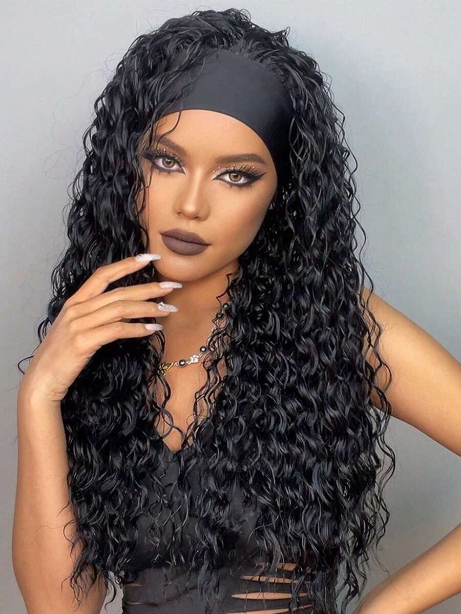 26 "Curly Hair Band Female Wig Wavy Black Wig With Headband Synthetic Woven Chemical Fiber Long Curly Hair Wig For Everyday Use And Halloween, Cosplay, Christmas, Fashion Girls.