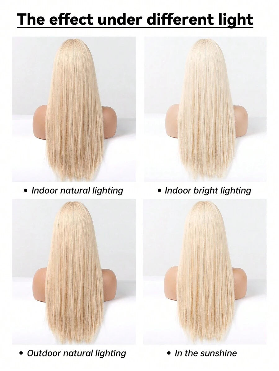 Ash Blonde Ombre Glueless Wigs Silky Straight With Drawstring Human Hair Wig