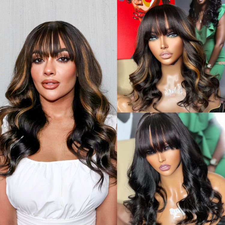 Loose Wave 5x5 Closure Lace Glueless Human Hair Long Wig with Cute Bangs