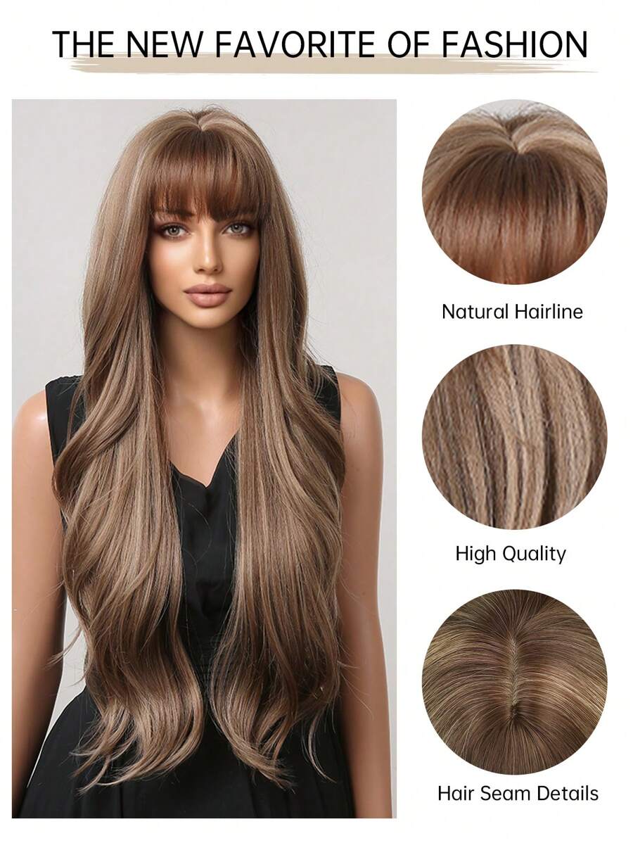 28 "Long Curly Hair Wig With Bangs Ombre Brown Wig For Women Synthetic Wig For Everyday Parties Festival Travel Music Festivals Holiday Gifts