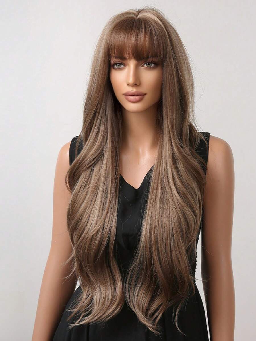 28 "Long Curly Hair Wig With Bangs Ombre Brown Wig For Women Synthetic Wig For Everyday Parties Festival Travel Music Festivals Holiday Gifts