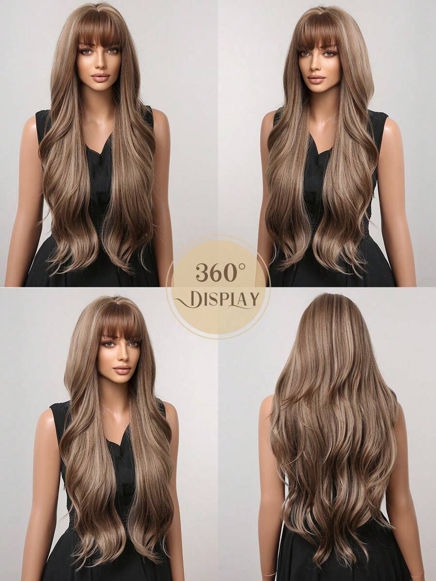 28 "Long Curly Hair Wig With Bangs Ombre Brown Wig For Women Synthetic Wig For Everyday Parties Festival Travel Music Festivals Holiday Gifts