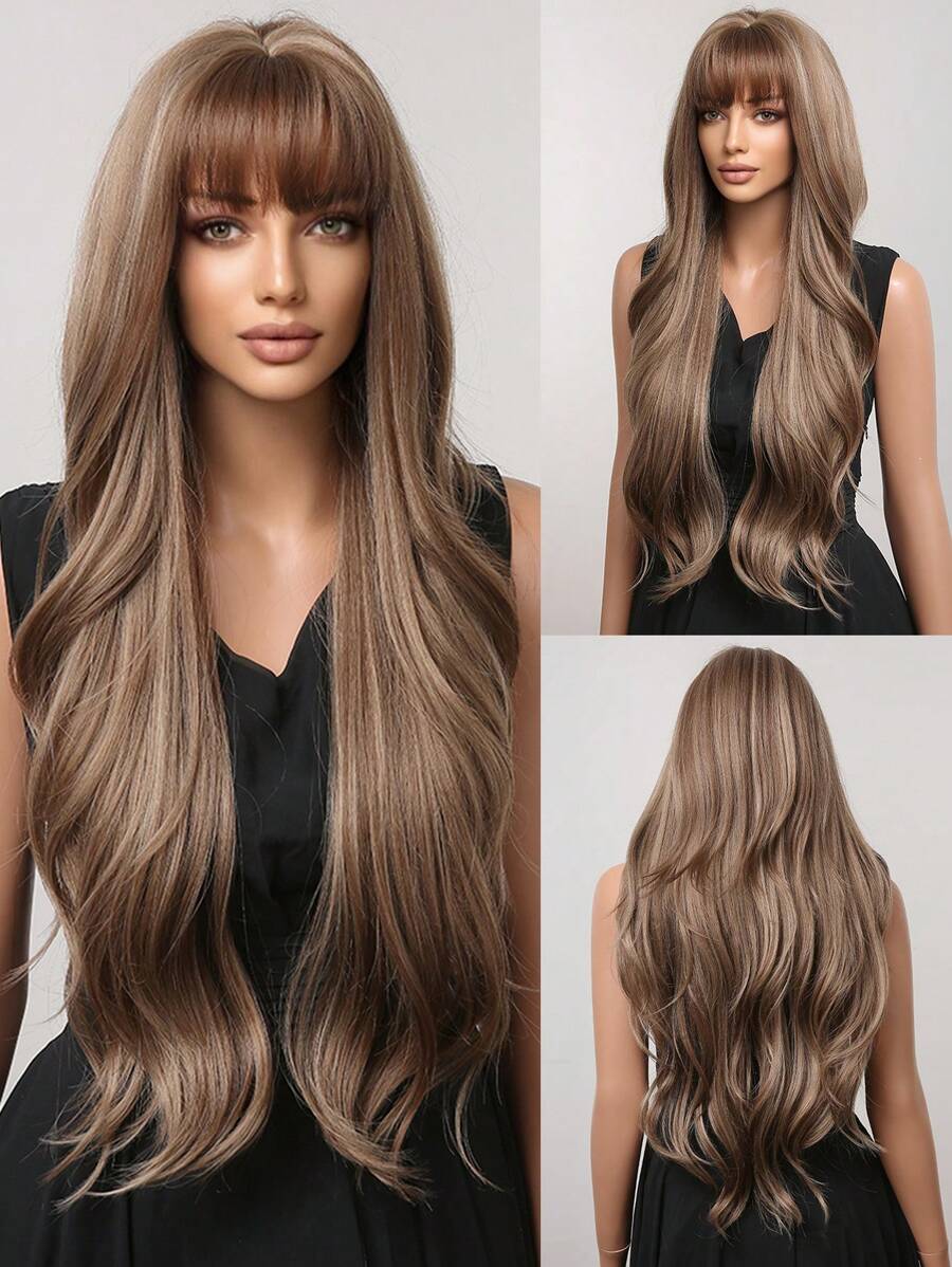 28 "Long Curly Hair Wig With Bangs Ombre Brown Wig For Women Synthetic Wig For Everyday Parties Festival Travel Music Festivals Holiday Gifts