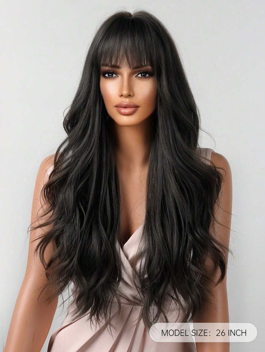 13x6 Glueless Wig Straight With Drawstring Natural Black Human Hair Wig Long Curly Wigs With Bangs Black Wavy Wigs