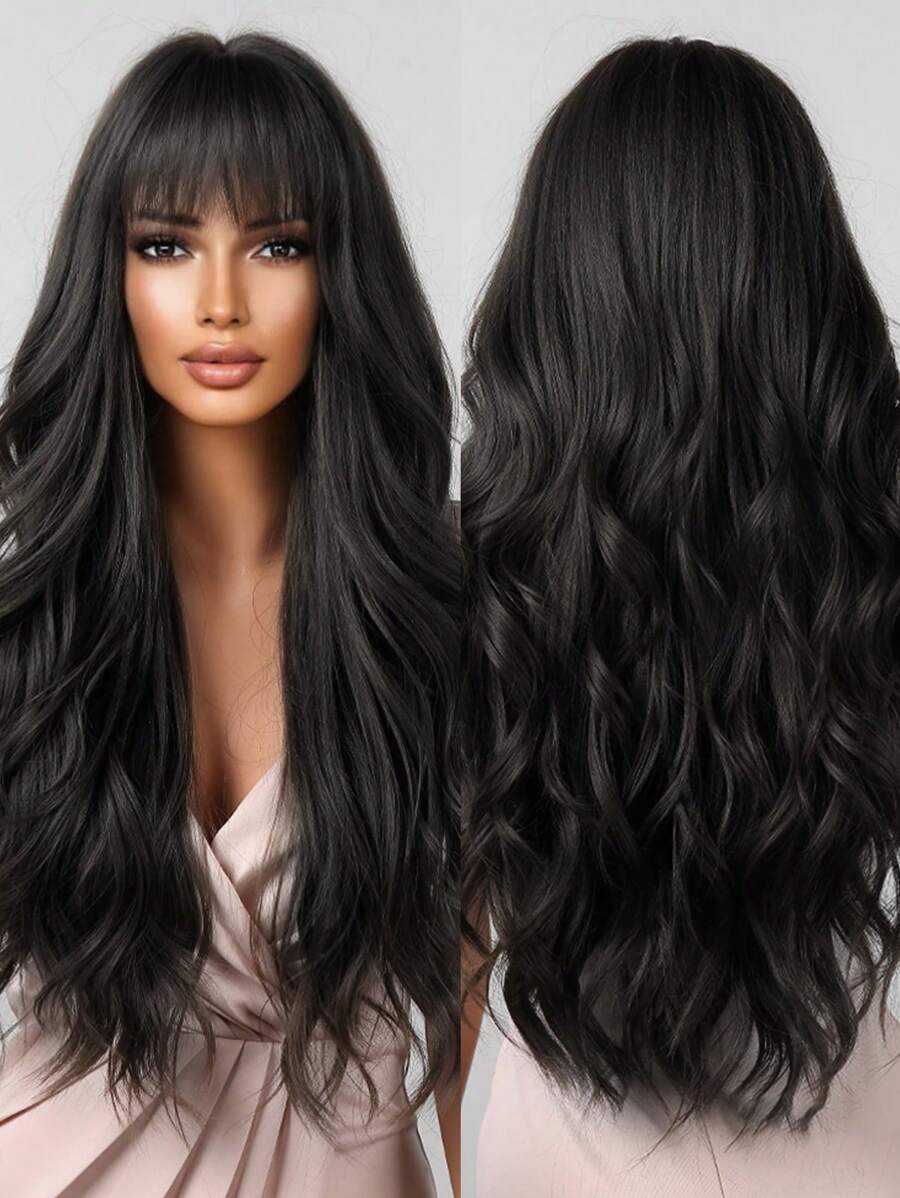 13x6 Glueless Wig Straight With Drawstring Natural Black Human Hair Wig Long Curly Wigs With Bangs Black Wavy Wigs