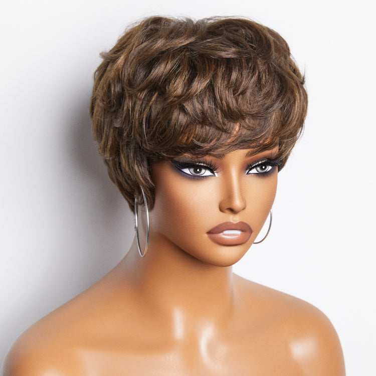 Pixie Cut Blonde Highlight No Lace Glueless Short Wig with Bangs Ready to Go  - US Only