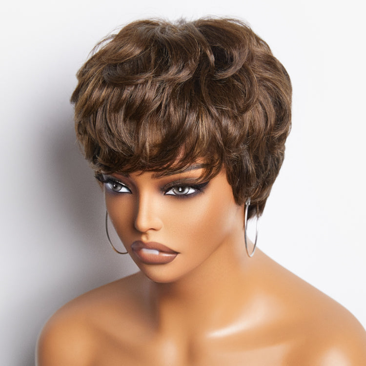 Pixie Cut Blonde Highlight No Lace Glueless Short Wig with Bangs Ready to Go  - US Only