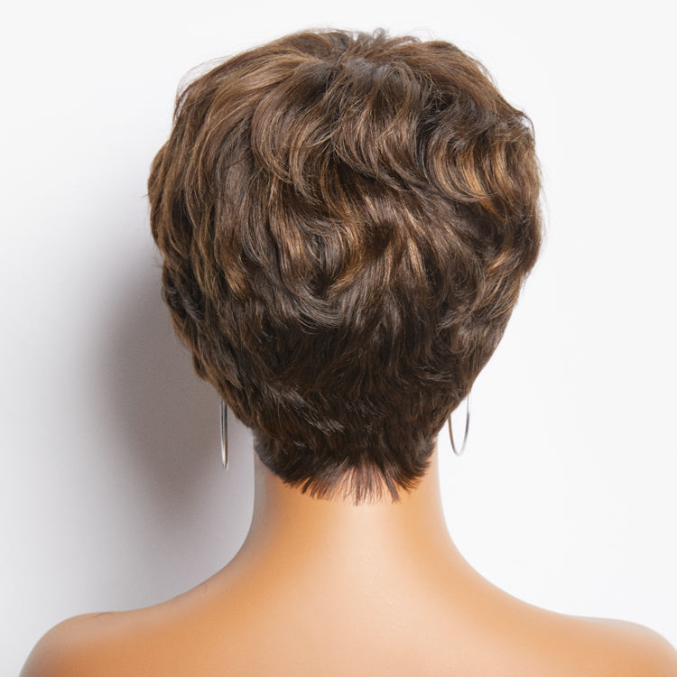 Pixie Cut Blonde Highlight No Lace Glueless Short Wig with Bangs Ready to Go  - US Only