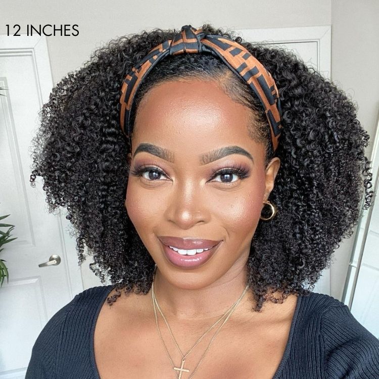 Natural Black Jerry Curly No Lace Glueless Free Part Long Headband Wig 100% Human Hair